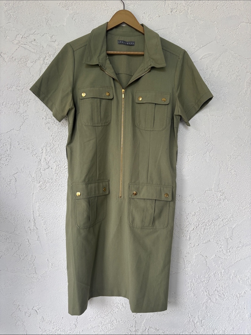 Sharagano Olive Green Short Sleeve Zip Front Utility Dress